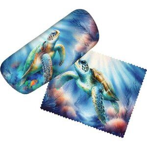 Sea Turtle 6" Eye Glass Case Hard  Cleaning Lens Cloth Honu Reef Ocean New Gift